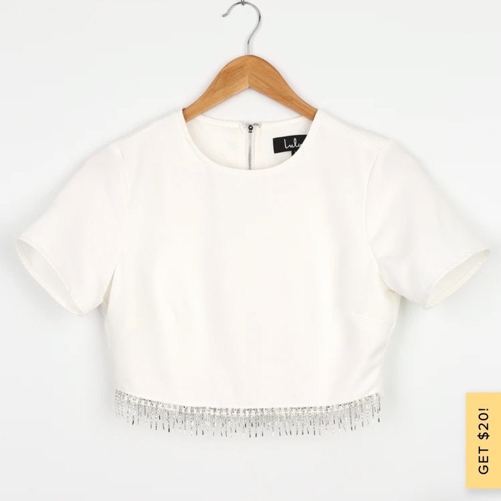 Lulus white crop shirt. Rhinestone fringe. Medium.